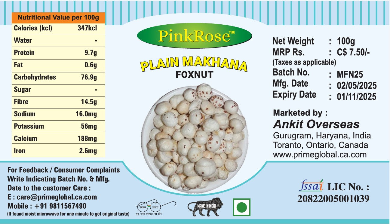 PinkRose™ Plain Makhana (Foxnut) – 100g | Healthy Roasted Snack | Gluten-Free & Vegan | Premium Quality