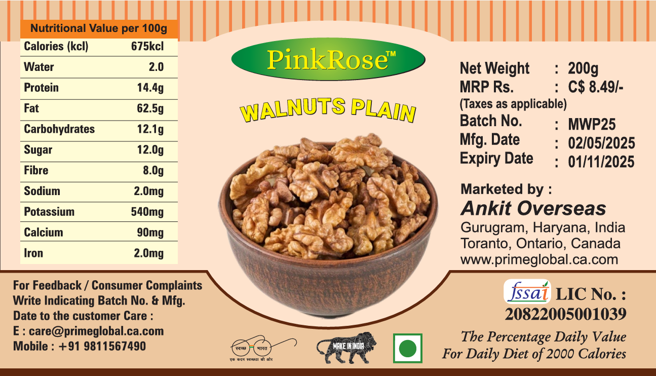 PinkRose™ Premium Walnuts Plain – 200g | Whole Natural Akhrot Kernels | Rich in Omega-3 & Antioxidants