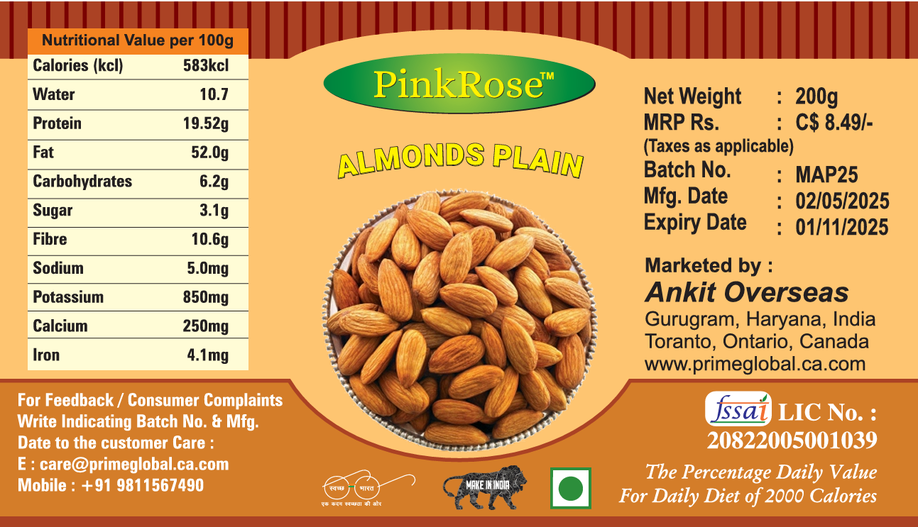 PinkRose Premium Almonds Plain – 200g | High-Quality, Naturally Sourced Nuts