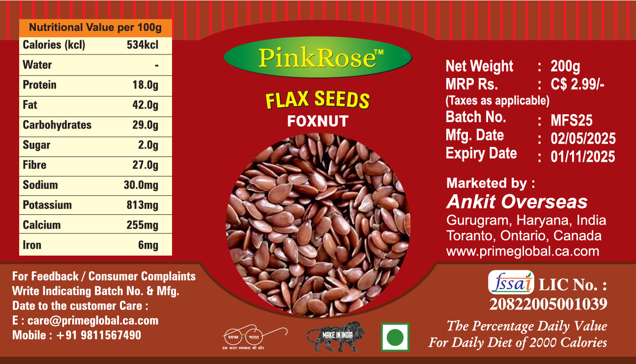 PinkRose™ Premium Flax Seeds (Foxnut) – 200g | High in Omega-3 & Fiber | Roasted Superfood for Daily Nutrition
